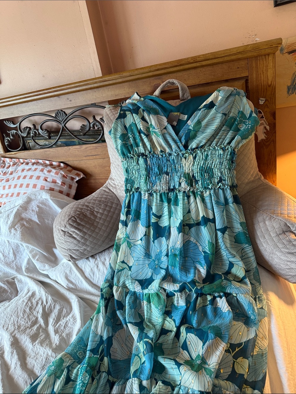 Taylor Teal and White Floral Smocked Maxi Dress